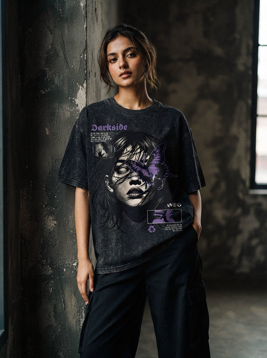Darkside Oversized Acid Wash T-Shirt | Gothic Graphic Streetwear Tee