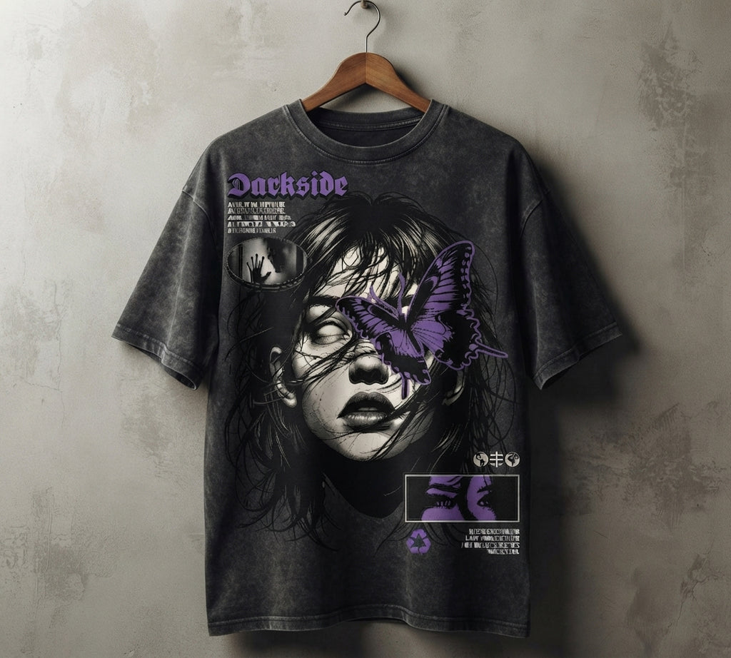 Darkside Oversized Acid Wash T-Shirt | Gothic Graphic Streetwear Tee