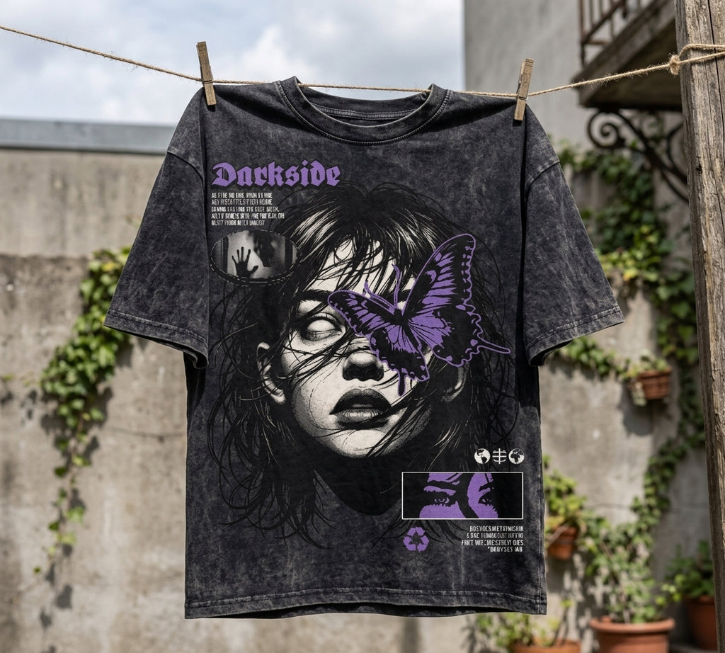 Darkside Oversized Acid Wash T-Shirt | Gothic Graphic Streetwear Tee