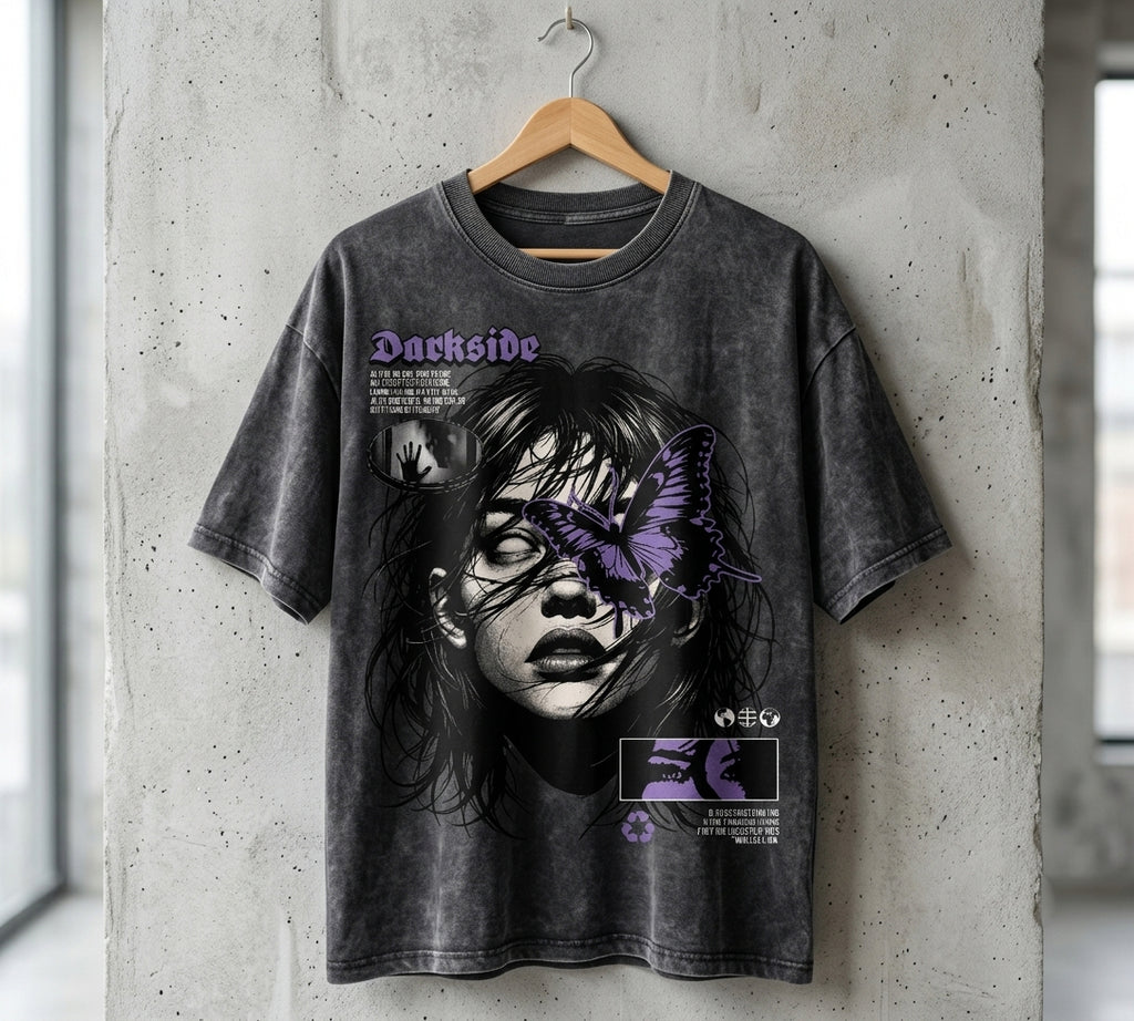 Darkside Oversized Acid Wash T-Shirt | Gothic Graphic Streetwear Tee