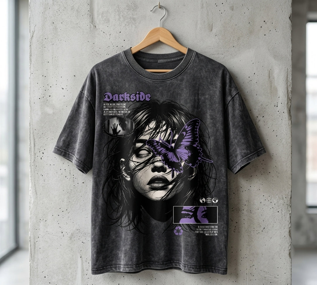 Darkside Oversized Acid Wash T-Shirt | Gothic Graphic Streetwear Tee