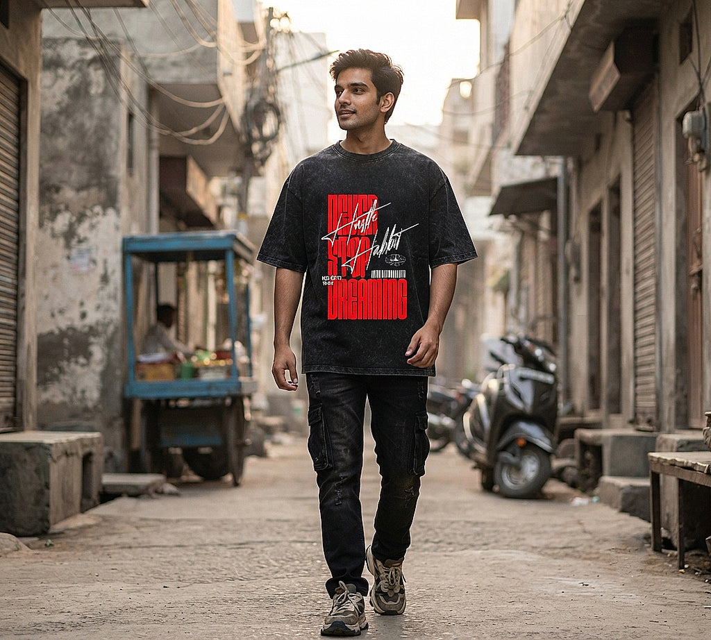 Hustle Habbit Oversized Acid Wash T-Shirt | Never Stop Dreaming Graphic Tee