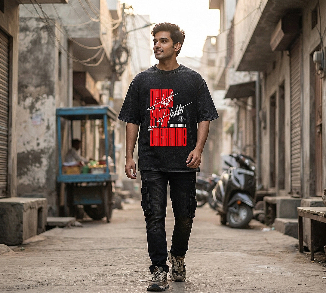 Hustle Habbit Oversized Acid Wash T-Shirt | Never Stop Dreaming Graphic Tee