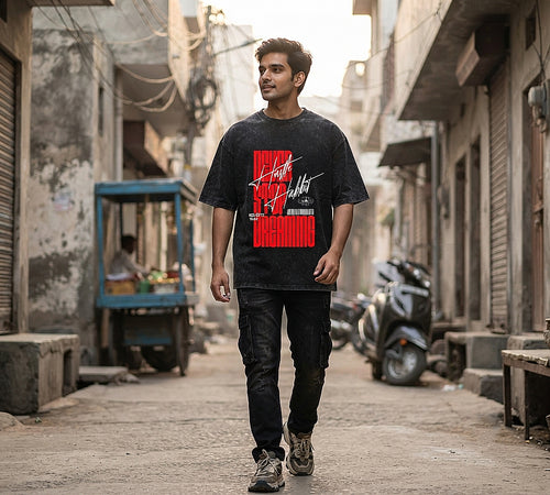 Hustle Habbit Oversized Acid Wash T-Shirt | Never Stop Dreaming Graphic Tee