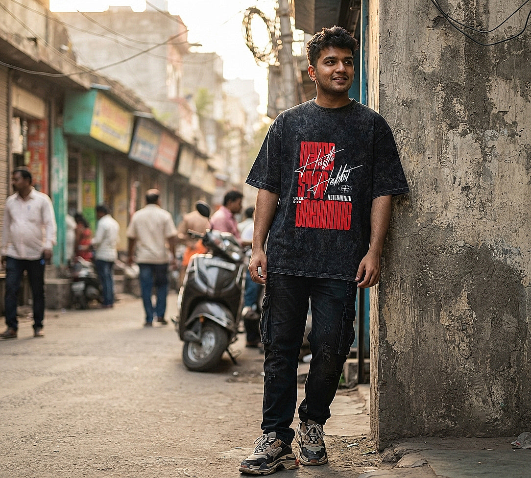 Hustle Habbit Oversized Acid Wash T-Shirt | Never Stop Dreaming Graphic Tee