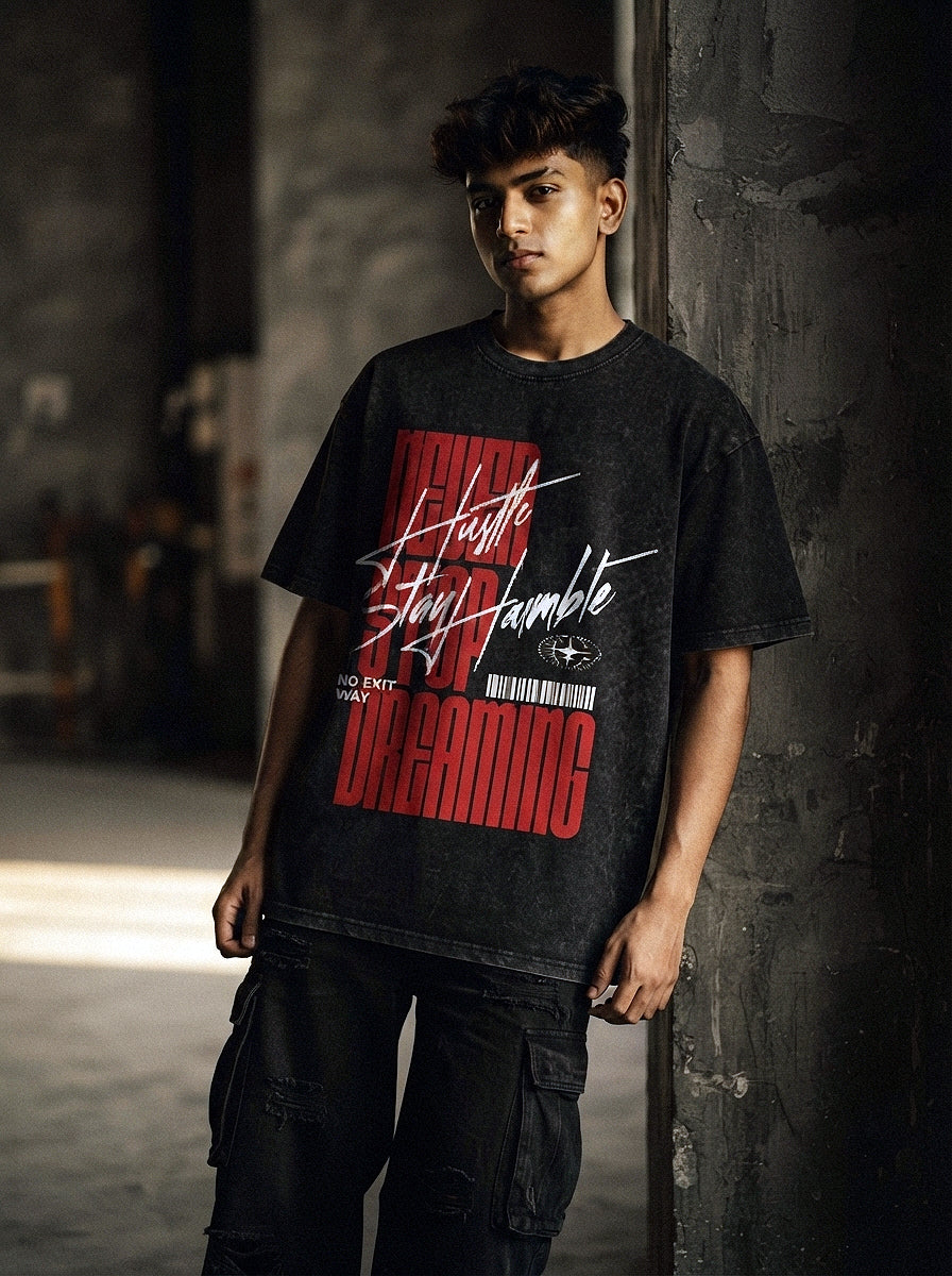 Hustle Habbit Oversized Acid Wash T-Shirt | Never Stop Dreaming Graphic Tee
