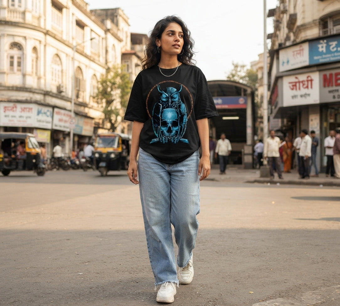 Owl & Skull Oversized T-Shirt | Dark Streetwear Graphic Tee