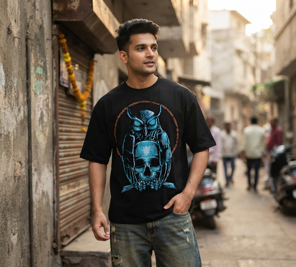 Owl & Skull Oversized T-Shirt | Dark Streetwear Graphic Tee