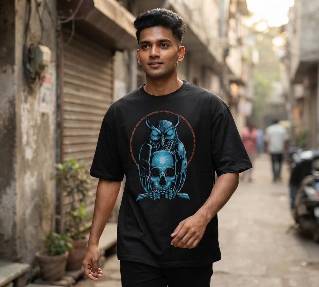 Owl & Skull Oversized T-Shirt | Dark Streetwear Graphic Tee