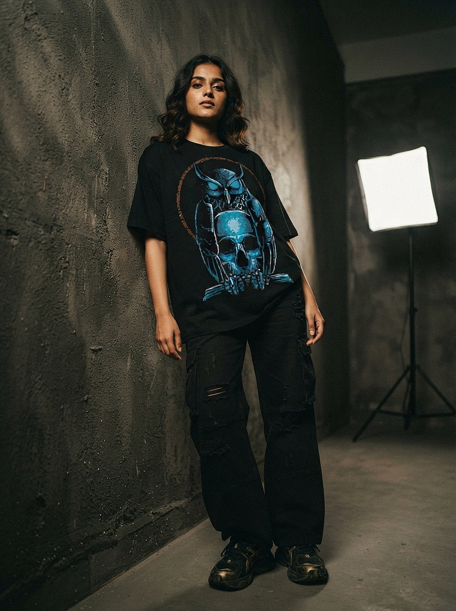 Owl & Skull Oversized T-Shirt | Dark Streetwear Graphic Tee